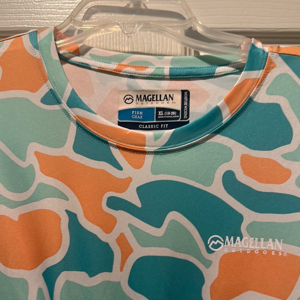 Magellan Outdoors Teal and Orange Patterned Shirt